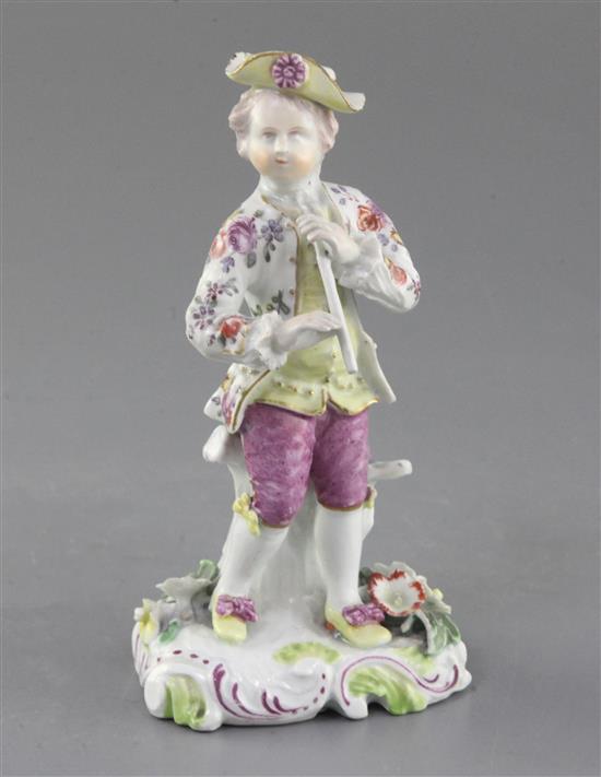 A Derby Pale Family figure of a piper, c.1758, h. 15cm, some restoration and losses
